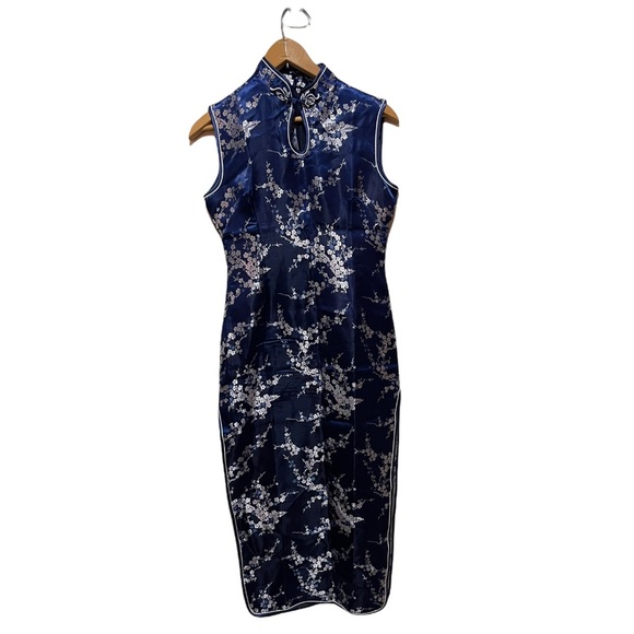 Chinese Royal Blue Floral Two Side Slits Dress - Picture 4 of 9